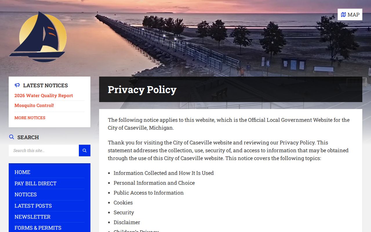 Caseville municipal website privacy and public-record notice