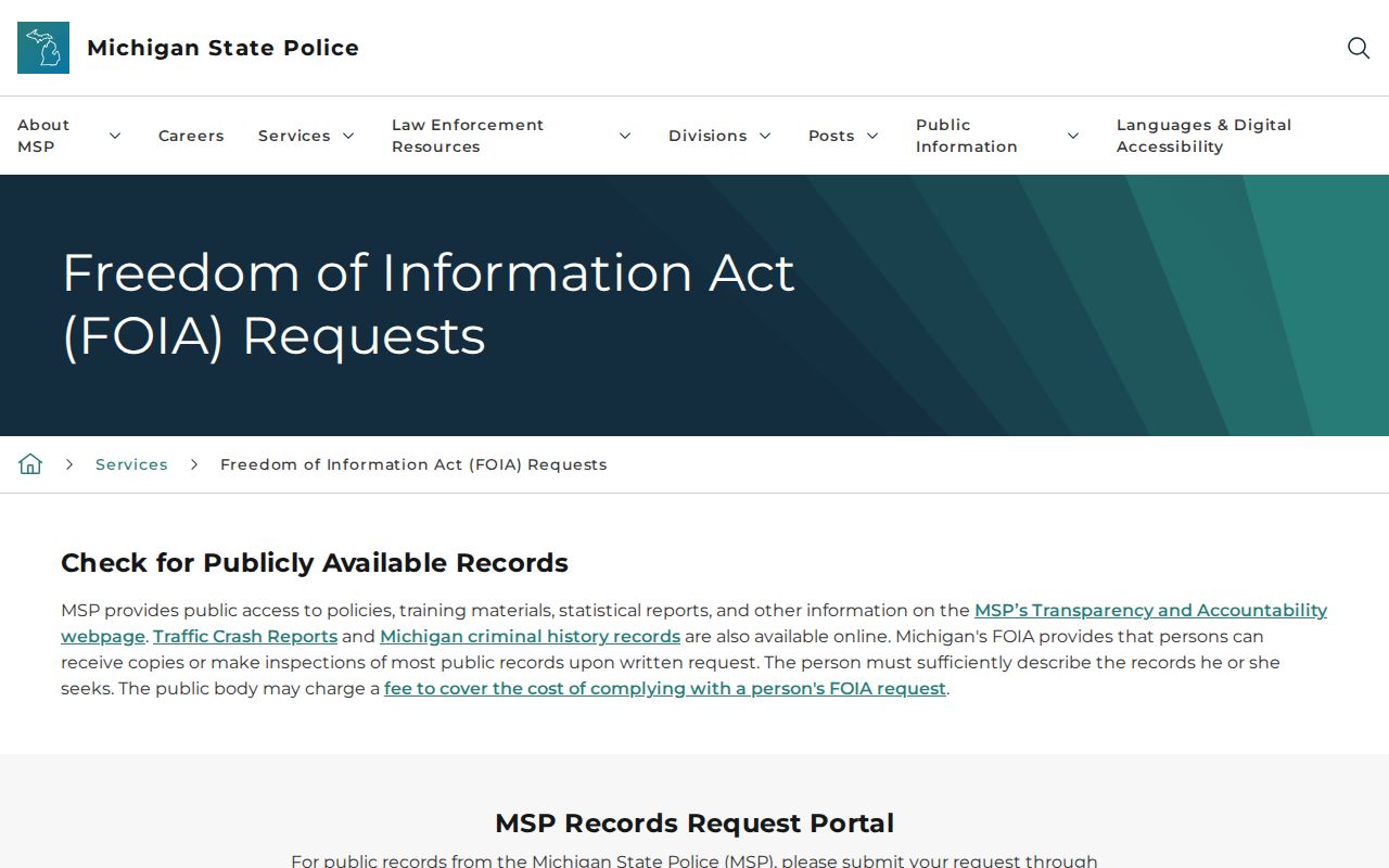 Michigan State Police FOIA channel for Huron County arrest records