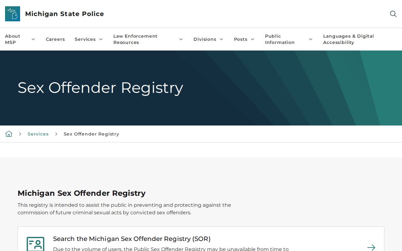 Michigan State Police sex offender registry guidance for Huron County searches