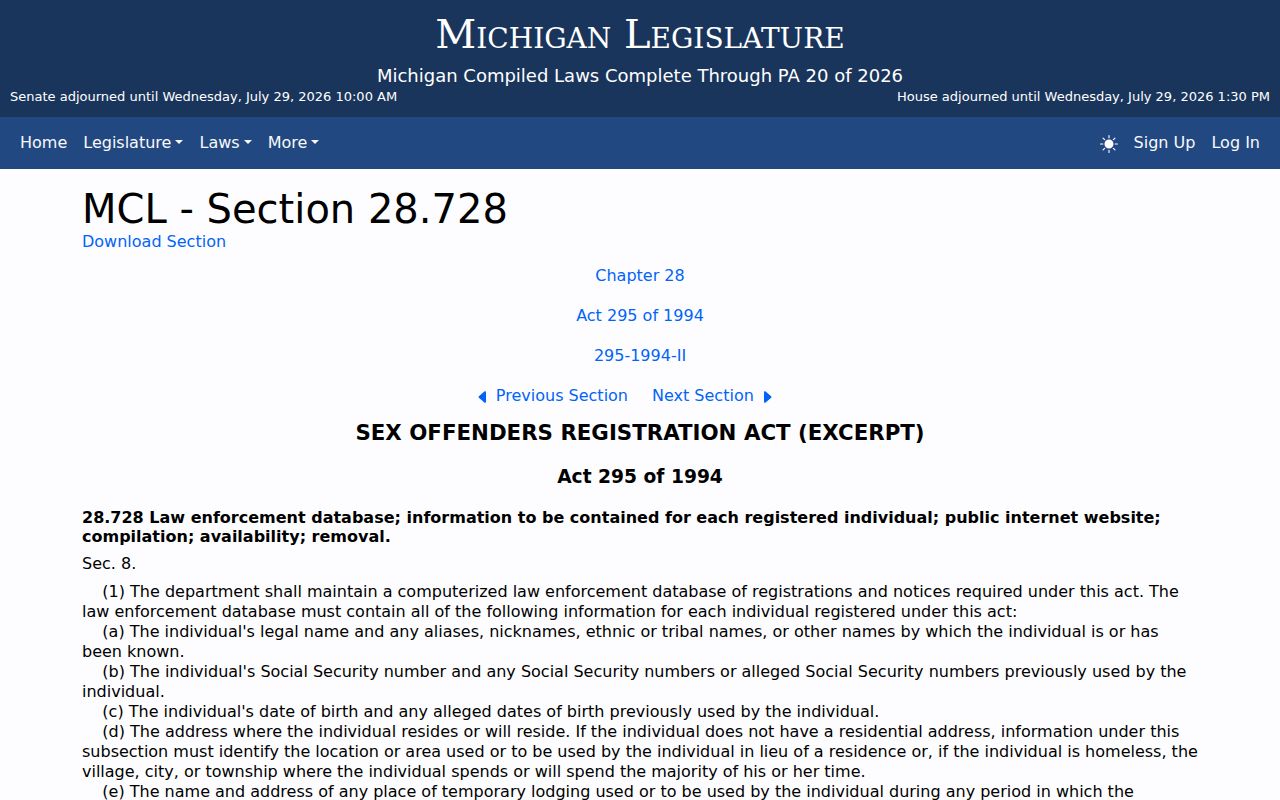 Michigan law and PSOR profile information used in Huron County registry records